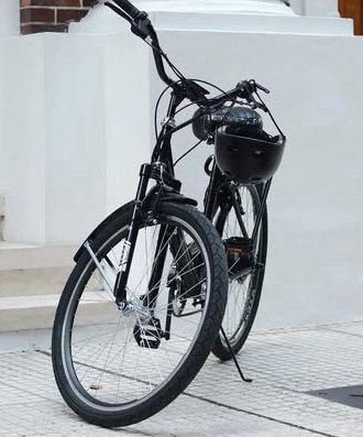 Bici eléctrica con canasto, vista de frente